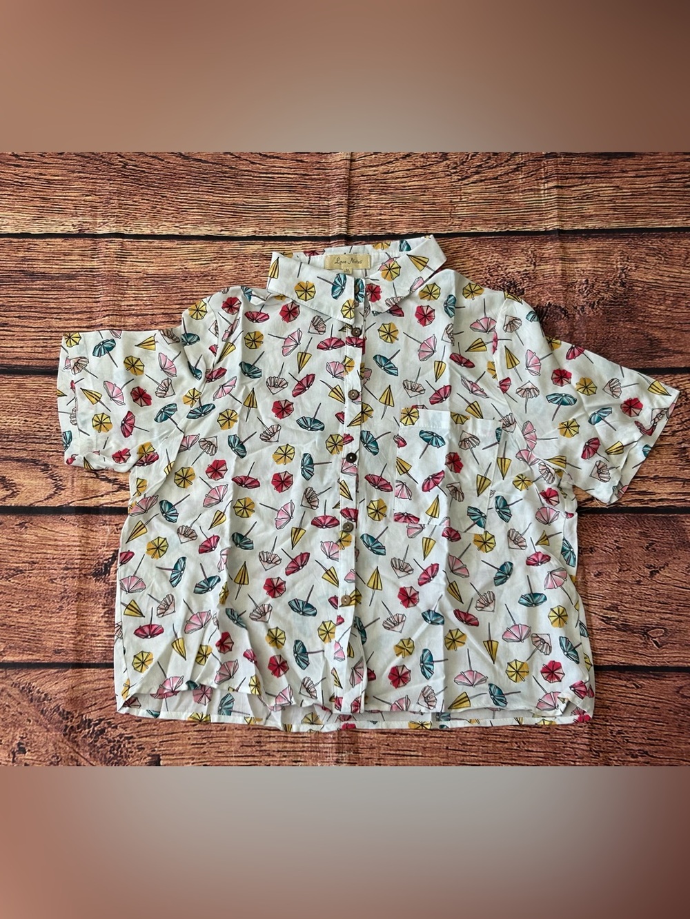 Love Notes Cocktail Umbrella Print Button Down Shirt Women’s Size M White